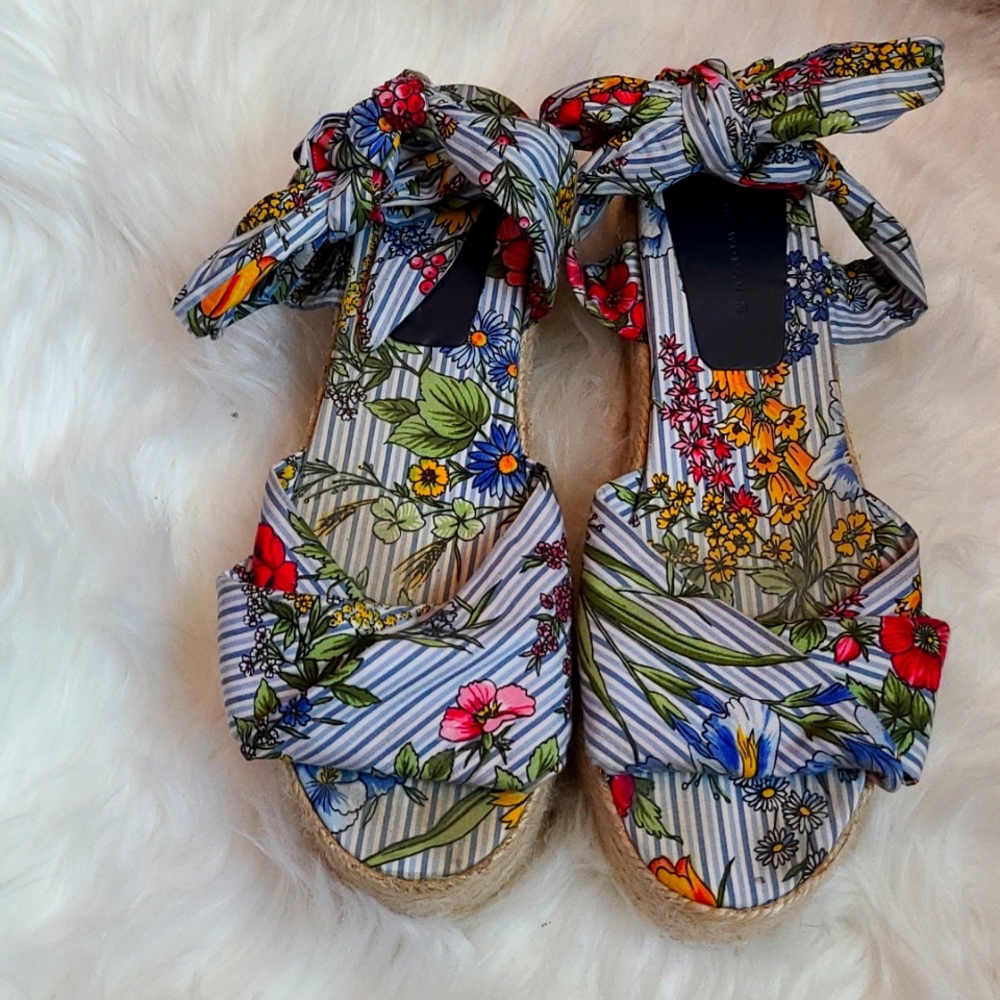 Zara Floral Striped Flatform Espadrilles Sz 8